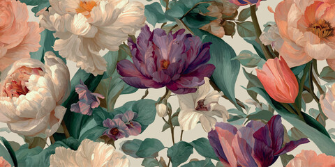 Luxurious large-scale peony, tulip, and floral seamless pattern in rich purple, coral, and cream tones for elegant fabrics and wallpaper