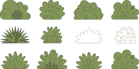 Flat bush illustrations, green plants, foliage collection, shrub designs, garden bushes, outdoor plants, greenery, nature vector, flat vector illustration