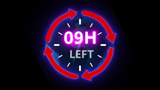24 hours clock with circle arrow and the numbers 09 Hour left. video animation on alpha channel on background. ast speed with moving timer clock 4k video animation.