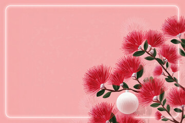 Blooming pohutukawa tree decorated with Christmas ball on a pastel pink background within a white frame. New Zealand Maori Christmas tree. Greeting card with copy space for text.