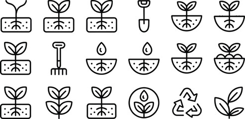Flat gardening icons set, plant growth, seedling care, soil cultivation, eco farming symbols, minimal agriculture line icons, flat vector illustration