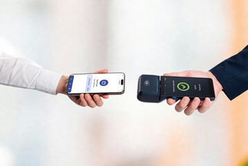 Smartphone completing contactless payment on mobile POS terminal, showing approved transaction and modern cashless checkout technology