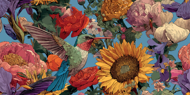 Maximalist bright floral seamless pattern featuring sunflowers, irises, and a hummingbird for dynamic fabrics, design, and statement wallpapers