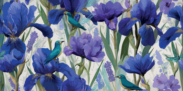 Vibrant blue and purple iris and bird seamless pattern with dragonflies for bold fashion, textiles, and contemporary home decor