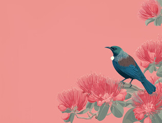 Tui bird sitting on branch of blossoming pohutukawa tree. New Zealand greeting card, pastel pink background with copy space.  