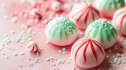 Colorful peppermint candies with red and green stripes on a pink background. Sprinkles scattered around the candies create a festive atmosphere