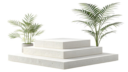 Minimalist White 3-Tier Stone Pedestal Podium with Tropical Palm Plants