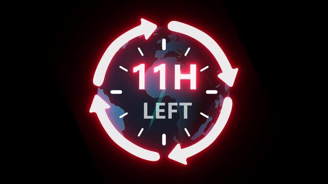 24 hours clock with circle arrow and the numbers 11 Hour left. video animation on alpha channel on background. ast speed with moving timer clock 4k video animation.