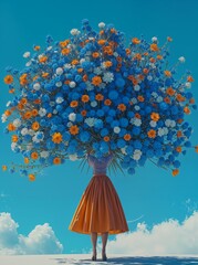 Surreal woman standing beneath a vast bouquet of blue and orange flowers against a clear sky, blending fashion, fantasy, and nature into a dreamy, artistic conceptual spring scene.