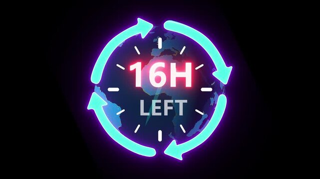 24 hours clock with circle arrow and the numbers 16 Hour left. video animation on alpha channel on background. ast speed with moving timer clock 4k video animation.