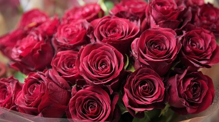 Naklejka premium A close-up shot of a luxurious bouquet. Lush, velvety, crimson flowers are in full bloom, showcasing intricate details. The arrangement is carefully wrapped, appearing fresh and vibrant