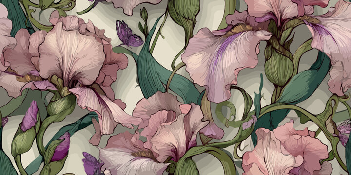 Delicate Art Nouveau iris and butterfly seamless pattern in soft blush and muted green tones for graceful fabrics and wedding stationery