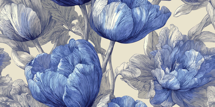 Elegant etched blue tulip and peony seamless pattern in monochromatic lines for classic textiles, ceramics, and refined packaging