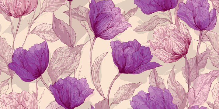 Soft and airy etched purple tulip floral seamless pattern with delicate leaves on a cream background for feminine fabrics and subtle branding