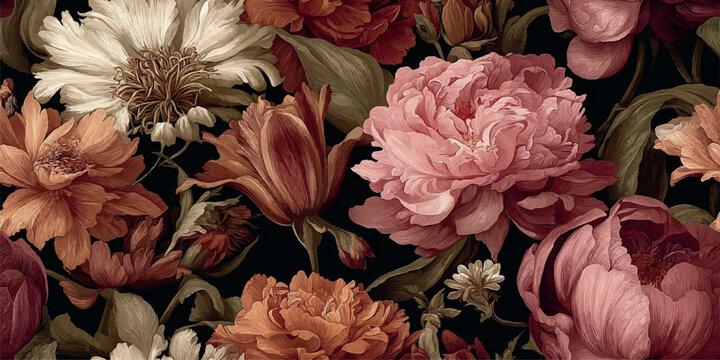 Luxurious large-scale floral seamless pattern with dark-toned peonies and tulips in blush and rust colors for elegant fashion and textiles
