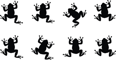 Silhouette collection of frogs in various climbing and jumping poses, ideal for wildlife illustrations, nature graphics, stickers, and educational designs