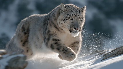 Fototapeta premium Dynamic Snow Leopard Leaping Through Winter Mountain Landscape