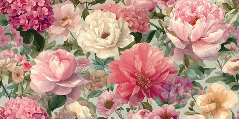 Romantic dense floral seamless pattern with large peonies and roses in pink, cream, and magenta for feminine fabrics, packaging, and branding