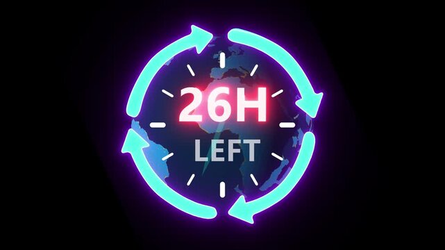 24 hours clock with circle arrow and the numbers 26 Hour left. video animation on alpha channel on background. ast speed with moving timer clock 4k video animation.