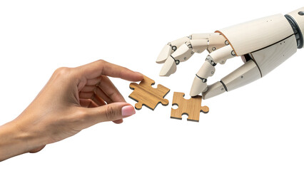 Human and Robot Hands Joining Puzzle Pieces for AI Collaboration and Technology Partnership Concept