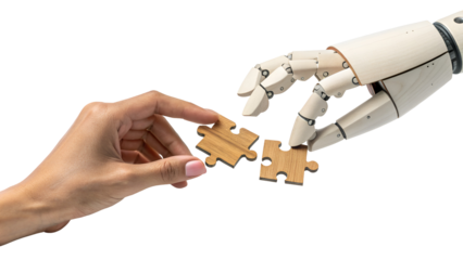 Human and Robot Hands Joining Puzzle Pieces for AI Collaboration and Technology Partnership Concept