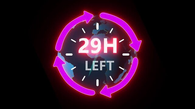 24 hours clock with circle arrow and the numbers 29 Hour left. video animation on alpha channel on background. ast speed with moving timer clock 4k video animation.