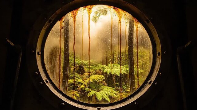 View of lush green fern forest through rusty porthole glass Moody atmospheric nature scene exploration concept mysterious dark frame