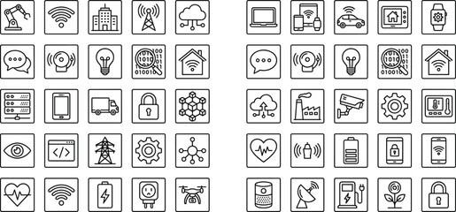Smart technology outline icon set with iot cloud network security automation symbols for digital industry web app ui design