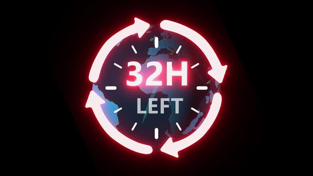 24 hours clock with circle arrow and the numbers 32 Hour left. video animation on alpha channel on background. ast speed with moving timer clock 4k video animation.