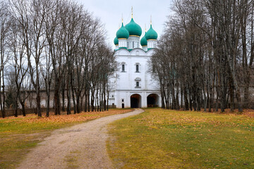 A path to the cathedral on the grounds of the Orthodox Monastery in the village of Borisoglebskoye,...