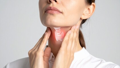Adult Person Touching Neck with Thyroid Gland Overlay, Healthcare Concept
