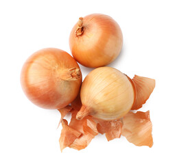 Fresh onion bulbs with peels isolated on white, top view