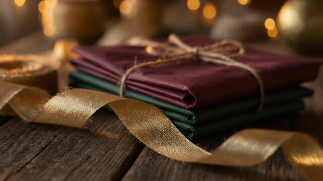 Wrapped Gift Napkins on Wooden Table with Golden Ribbon, Christmas Decor, Holiday Celebration, Table Setting, Festive Atmosphere