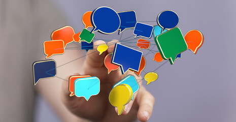 Conceptual visualization of communication network with speech bubbles, representing digital conversation, social media interaction, information