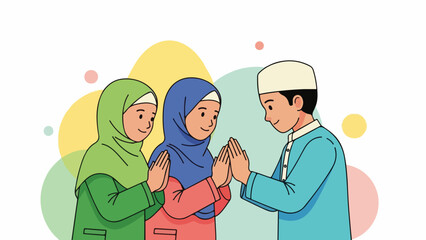 Illustration of a man and two women in traditional attire greeting each other with hands clasped in a colorful abstract setting.