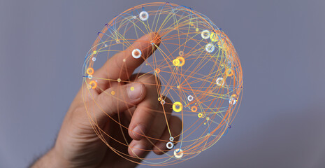 Hand touching digital network sphere, concept of global connection, technology, business, communication. Perfect for data analysis, i