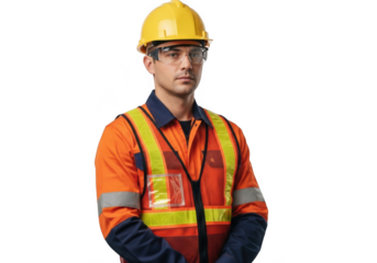 Worker in safety gear isolated on transparent background