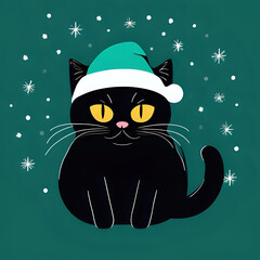 Soft Pastel Annoyed Black Cat in Cozy Santa Hat &ndash; Cute Christmas Cartoon Illustration