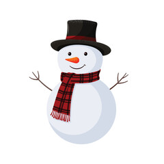 Happy Snowman Character with Black Top Hat, Carrot Nose, and Red Plaid Scarf Isolated on White Background