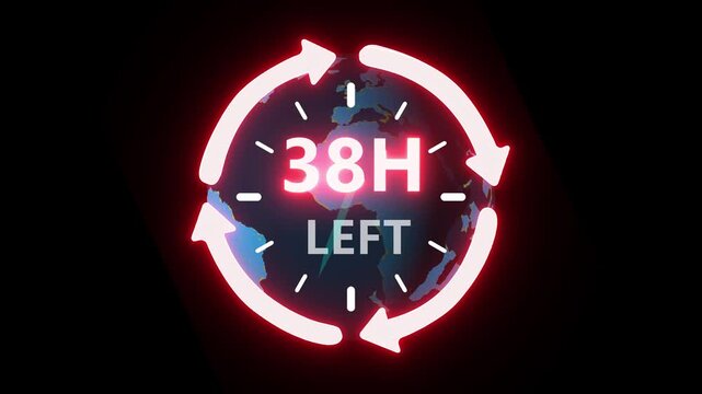 24 hours clock with circle arrow and the numbers 38Hour left. video animation on alpha channel on background. ast speed with moving timer clock 4k video animation.