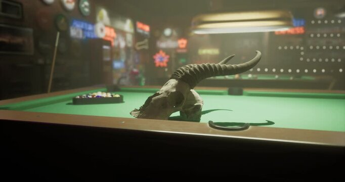 A bull skull rests on a green pool table in a dimly lit bar, showcasing neon signs in the background, creating a unique atmosphere for patrons to enjoy billiards.