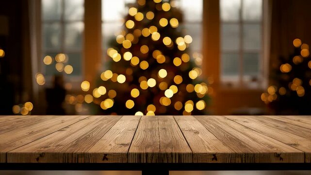 Empty wooden tabletop with softly blurred Christmas tree lights in a warm interior setting, creating a cozy seasonal atmosphere with festive depth