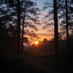 Fototapeta premium sunset behind trees, warm colors, calm and beautiful nature scene.