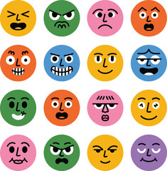 An array of 16 cartoon faces illustrating a wide spectrum of human emotions