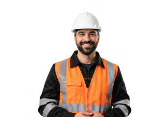 Smiling construction worker in safety gear isolated on transparent background