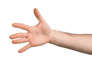 Man showing palm on white background, closeup