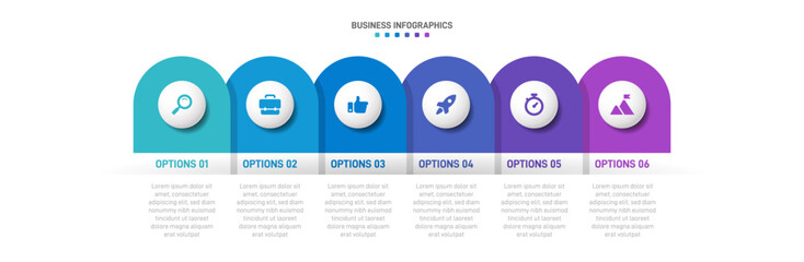 Progress bar featuring 6 arrow-shaped elements, symbolizing the six stages of business strategy and progression. Clean timeline infographic design template. Vector for mobile presentation.
