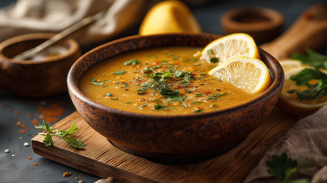 Traditional Middle Eastern lentil soup shorbat adas served in a ceramic bowl, garnished with lemon and herbs