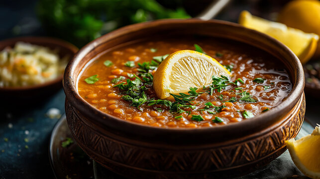 Traditional Middle Eastern lentil soup shorbat adas served in a ceramic bowl, garnished with lemon and herbs