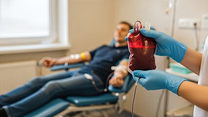 Medical professional in blue gloves holds blood donation bag while patient reclines on donation chair, showcasing the importance of community support and volunteering efforts